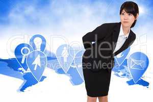 Composite image of serious businesswoman bending