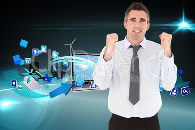 Composite image of portrait of a cheerful businessman with the f