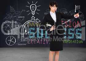 Composite image of focused businesswoman pointing