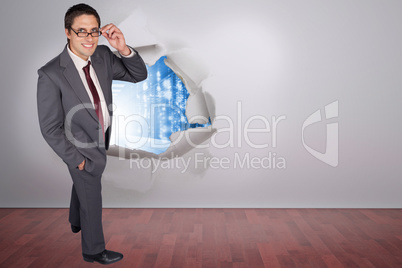 Composite image of thinking businessman touching his glasses