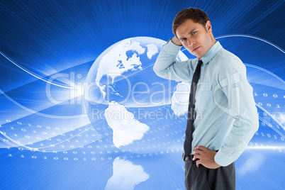 Composite image of thinking businessman with hand on head