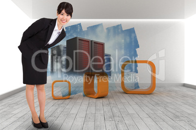 Composite image of smiling businesswoman bending