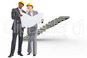 Composite image of business people wearing hard hats are discuss