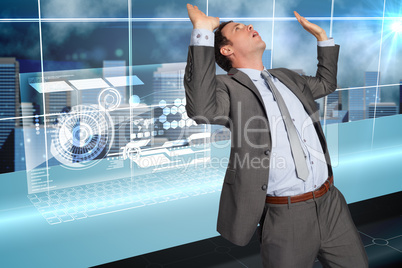 Composite image of businessman standing with arms pressing up