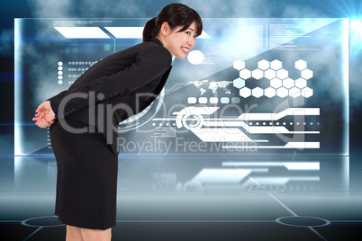 Composite image of smiling businesswoman bending