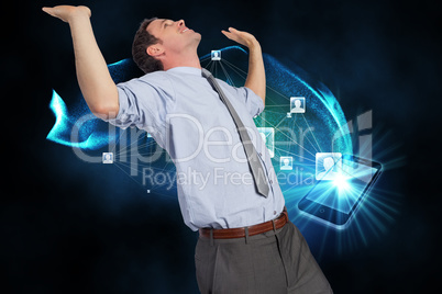 Composite image of businessman standing with hands up