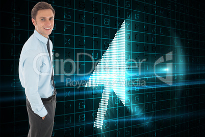 Composite image of happy businessman standing with hand in pocke