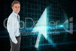 Composite image of happy businessman standing with hand in pocke
