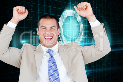 Composite image of successful businessman punching the air