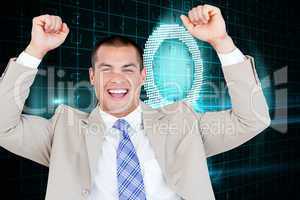 Composite image of successful businessman punching the air