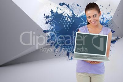 Composite image of smiling young female with her laptop