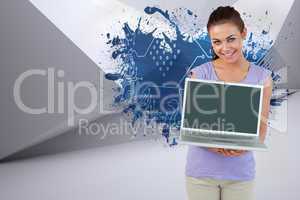 Composite image of smiling young female with her laptop