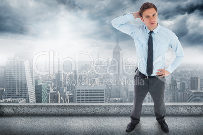 Composite image of thinking businessman with hand on head