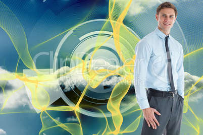 Composite image of smiling businessman standing with hand in poc