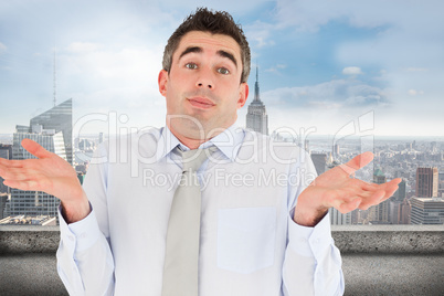 Composite image of clueless office worker posing