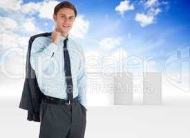 Composite image of smiling businessman holding his jacket