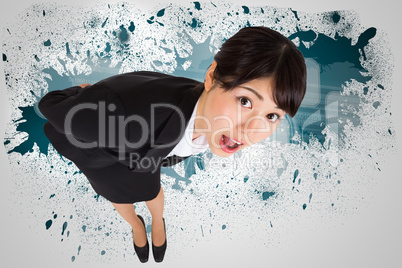 Composite image of surprised businesswoman bending