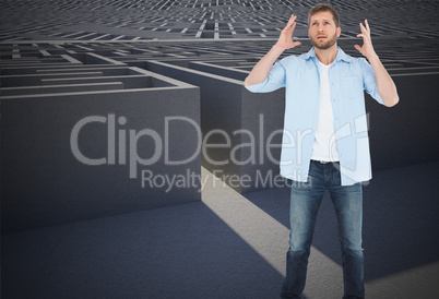 Composite image of reproachful man looking up