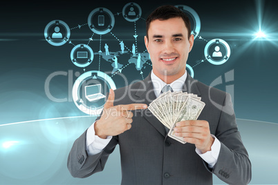 Composite image of businessman pointing at bank notes in his han
