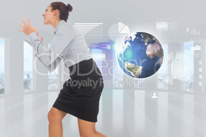 Composite image of furious businesswoman gesturing