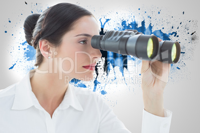 Composite image of business woman looking through binoculars