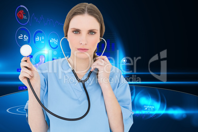 Composite image of young woman doctor holding a stethoscope