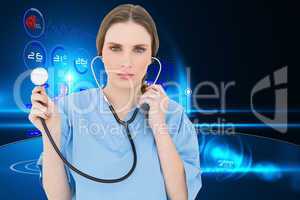 Composite image of young woman doctor holding a stethoscope