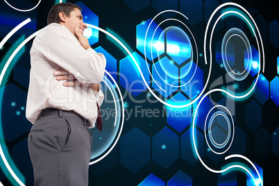 Composite image of thoughtful businessman with hand on chin