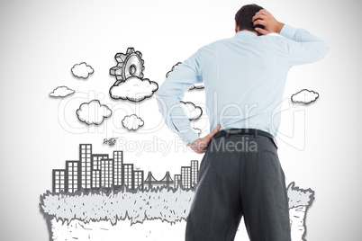 Composite image of thinking businessman with hand on head