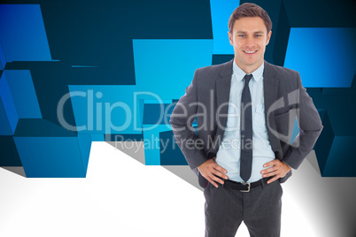 Composite image of cheerful businessman standing with hands on h