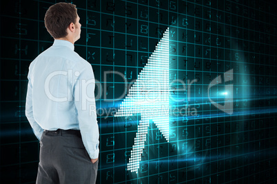 Composite image of serious businessman standing with hands in po