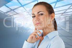 Composite image of side view of thinking young businesswoman