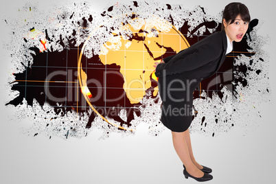 Composite image of surprised businesswoman bending