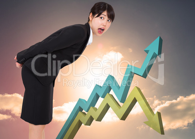 Composite image of surprised businesswoman bending