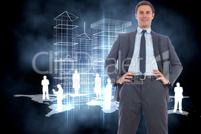 Composite image of cheerful businessman with hands on hips