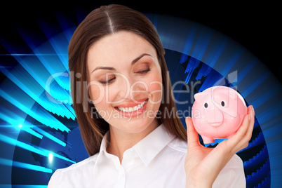 Composite image of confident businesswoman holding a piggybank