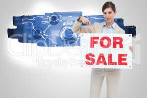Composite image of estate agent holding and pointing to for sale