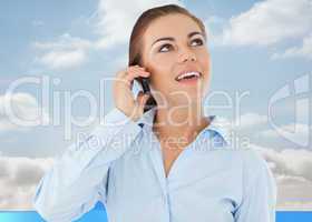 Composite image of smiling businesswoman looking upwards while o