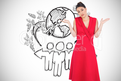 Composite image of hesitant elegant brunette in red dress posing