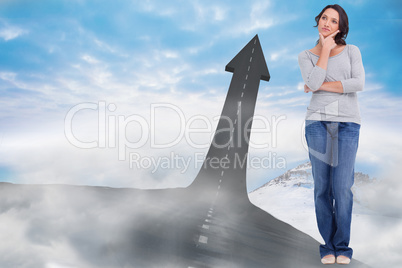 Composite image of young woman in thinkers pose