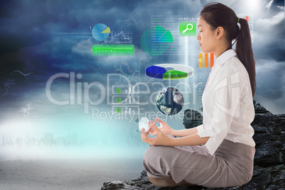 Composite image of businesswoman sitting in lotus pose