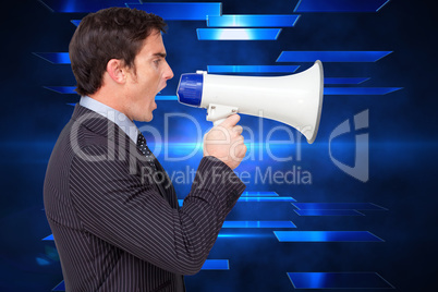 Composite image of profile of a businessman shouting through a m