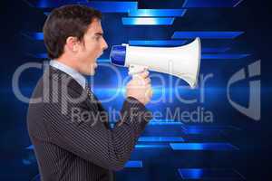 Composite image of profile of a businessman shouting through a m