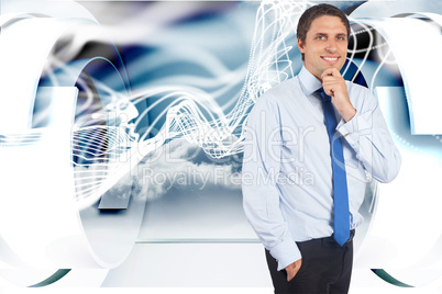 Composite image of thinking businessman touching his chin