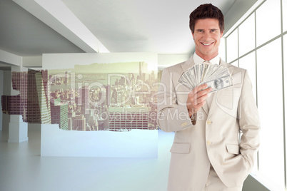 Composite image of positive businessman looking at the camera