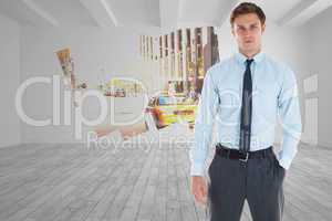 Composite image of serious businessman standing with hand in poc