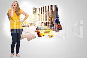 Composite image of beautiful blonde woman laughing on the phone