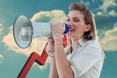 Composite image of beautiful businesswoman shouting through mega