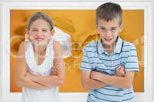 Composite image of smiling brother and sister posing together