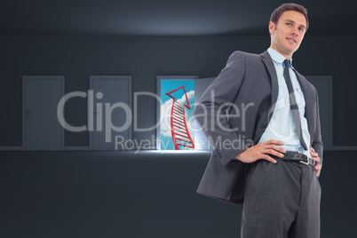 Composite image of cheerful businessman with hands on hips